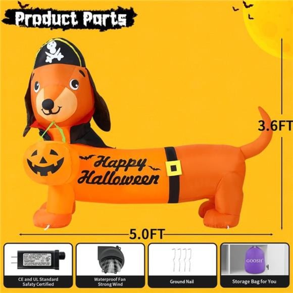 5 FT Halloween Inflatable Outdoor Dog with a Pumpkin & Pirate Hat, Blow Up Yard - Picture 2 of 6